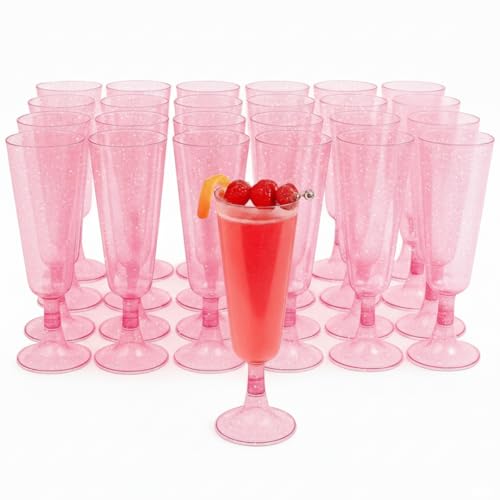 MATANA 50 Glitter Pink Champagne Flutes Plastic Champagne Glasses 5 oz, Reusable Pink Plastic Wine Glasses, Copas De Plastico Para Brindis, Toasting Glasses for Wedding, Bridal Shower, Girl's Party - color: Pink Glitter, size: 50 Pack