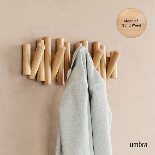 Umbra Picket Coat Rack, Wall Mount 5 Flip-Down Coat Hooks, Natural | Beveled pine wood dowels, supports up to 5 lbs, mounting hardware included, space saving - color: Natural, size: 5-Hook