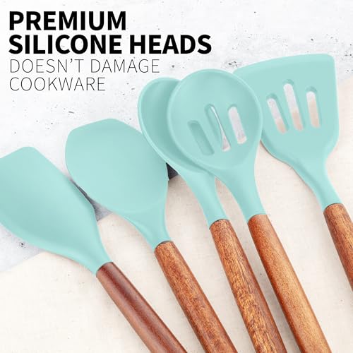 Zulay Kitchen 5 Piece Silicone Utensil Set | Non-Stick Silicone Cooking Utensils Set with Acacia Wood Handles - 464°F Heat Resistance Kitchen Utensils Set - Aqua - color: Sky Aqua, size: 5-Piece Set