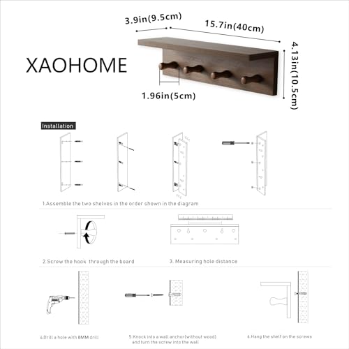Wall Mounted Coat Rack with Shelf, Wooden Entryway Hooks, Teak Finish | Adjustable rail with movable wood hooks - color: Teak colored veneer