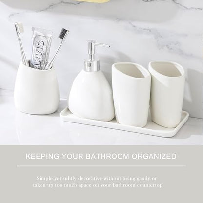 Ceramic Bathroom Accessory Set with Ceramic Tray, 6 Pieces Bathroom Countertop Accessory Set, Include Soap Dispenser, Toothbrush Holder, 2 Tumbler, Soap Dish, Vanity Tray,White - color: A-white * 6 Pieces
