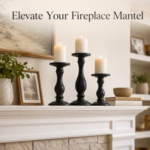 Matte Black Pillar Candle Holders Set of 3-10", 8", 6”H Candlestick Candle Holders Stand, Home Coffee Table Decor Decorations Centerpiece for Dining/Living Room