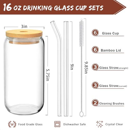 16 Oz Drinking Glasses - 6 Pcs Glass Cups with Bamboo Lids and Straws | Food-grade durable clear tumbler, Coffee bar accessories, Aesthetic gift, For beer, Iced tea, Include 2 cleaning brushes