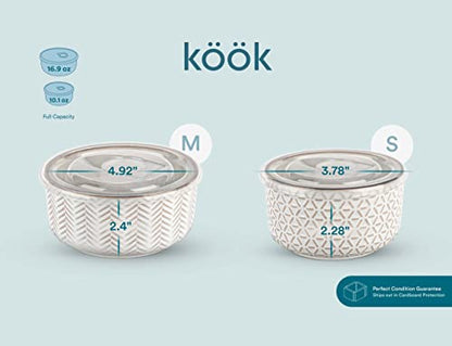 KooK Serving Bowls, with Lids, Ceramic Nesting Bowls, Set of 4, Embossed, Kitchen, Prep, Stackable, Gift, Microwave and Dishwasher Safe, 10/16/29/47 oz, Narbonne Collection (Ivory) - size: 47 Oz