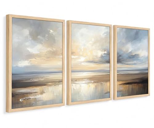 Framed Modern Abstract Coastal Oil Painting Wall Art Set of 3, 12x16 Inch | Neutral beige and blue seascape canvas wall decor for living room bedroom hallway. - color: Gold, Beige, Gray, Blue, White, size: 12x16 Inch