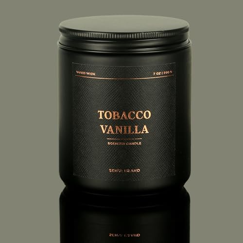 Tobacco Vanilla Crackling Wood Wick Candle for Men, Strong Masculine Scent, 100% Soy, 50-Hour Burn, Luxury Black Jar with Gold Text Scented Candle with Crackle Wooden Wick for Home, Office, Gifts