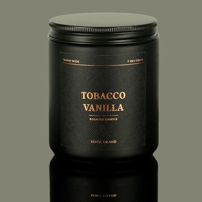 Tobacco Vanilla Crackling Wood Wick Candle for Men, Strong Masculine Scent, 100% Soy, 50-Hour Burn, Luxury Black Jar with Gold Text Scented Candle with Crackle Wooden Wick for Home, Office, Gifts