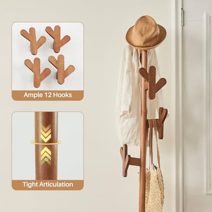 Uniclinens Solid Wood Coat Rack Freestanding with Umbrella Holder, Tree Coat Rack Stand with Lockable Universal Casters & 12 Hooks for Entryway Bedroom, Walnut - color: Walnut, size: Coat Tree