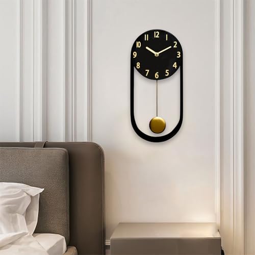 EMAX HOME 8 Inch Black Wall Clock with Gold Pendulum, Silent Modern Metal Wall Clock, Minimalist Decorative Pendulum Timepiece for Living Room, Office, Kitchen