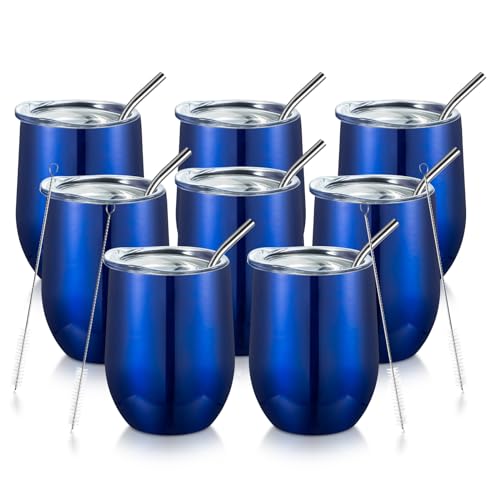 COMOOO Stainless Steel Wine Tumbler Glasses Bulk with Lid and Straw 12oz Double Wall Vacuum Insulated Tumbler Cup Stemless for Hot and Cold Drinks, Coffee, Wine, Cocktails (Royal blue, 8 Pack) - color: Royal Blue