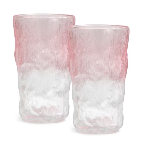 TOSSOW Drinking Glasses, Glassware Sets of 2, Mixed Drinking Glacier Pattern 12 oz Glass Cups Decoration for Wine, Beer, Juice,milk, coffee, Mojito and Cocktail(Pink) - color: Pink