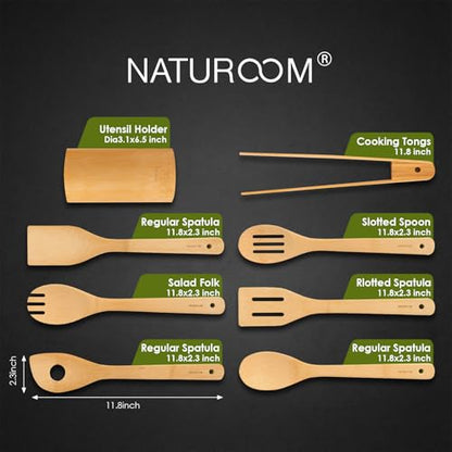Kitchen Utensils Set of 8 PCS, 12Inches Bamboo Wooden Cooking Spoon & Spatula Tools Perfect for Non-Stick Cookware (Bamboo 12inches) - size: 8 Pieces (12 inches)