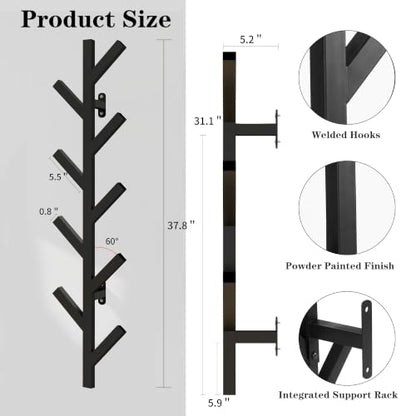 Prywot Vertical Hat Rack, Metal Coat Rack Wall Mounted, Black, 37.8" | 9 Hooks, Space-saving wall-mounted design, for Hats, Jackets, Coats, and Bags - Suitable for Entryways and Bedrooms - color: Black
