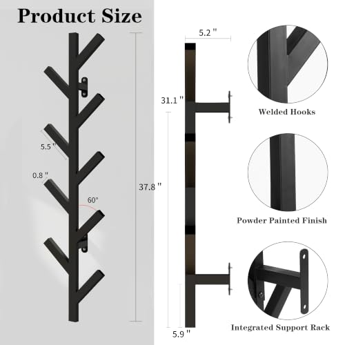 Prywot 2PK Vertical Hat Rack, Metal Coat Rack Wall Mounted, Black, 37.8" | 9 Hooks, Space-saving wall-mounted design, for Hats, Jackets, Coats, and Bags - Suitable for Entryways and Bedrooms - color: Black(2 Pack)