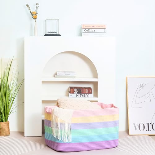 22in Extra Large Blanket Basket Holder Living Room, Rectangle Rope Woven Storage Basket with Handles for Laundry, Pool Towels, and Shoes, Dog Toy Organizer Bin Box, Pastel Rainbow