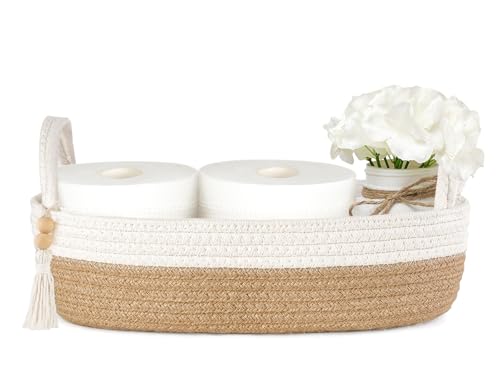 Mkono Toilet Paper Basket, Boho Bathroom Decor, Small Storage Organizer | Brown and White, 13"L x 6"W, Back of Toilet Basket, Decorative Woven Tray with Handles, Space-Saving, Living Room Bedroom - color: Brown and White, size: Small