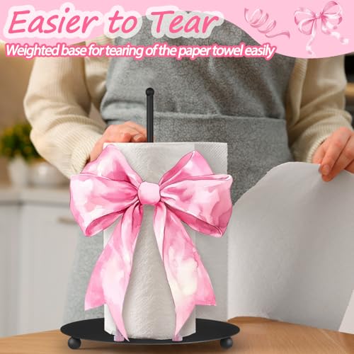 Pink Bow Paper Towel Holder Pink Countertop Kitchen Decor and Accessories Black Metal Farmhouse Large Tissue Stand Gifts for Coquette Party, 3D Hand Painting Pattern, Weighted Base - style: Pink Bow