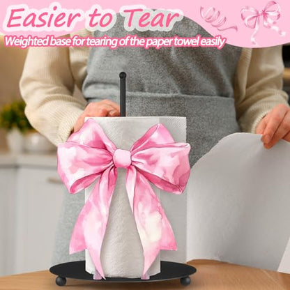 Pink Bow Paper Towel Holder Pink Countertop Kitchen Decor and Accessories Black Metal Farmhouse Large Tissue Stand Gifts for Coquette Party, 3D Hand Painting Pattern, Weighted Base - style: Pink Bow