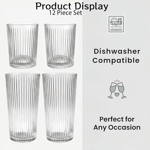 12 Pcs Ribbed Drinking Glasses Set 9 oz 12 oz Clear Ice Coffee Highball Ripple Drinkware Vintage Glassware Ribbed Cocktail Cup for Beverages Bar Home