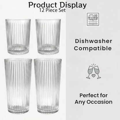12 Pcs Ribbed Drinking Glasses Set 9 oz 12 oz Clear Ice Coffee Highball Ripple Drinkware Vintage Glassware Ribbed Cocktail Cup for Beverages Bar Home