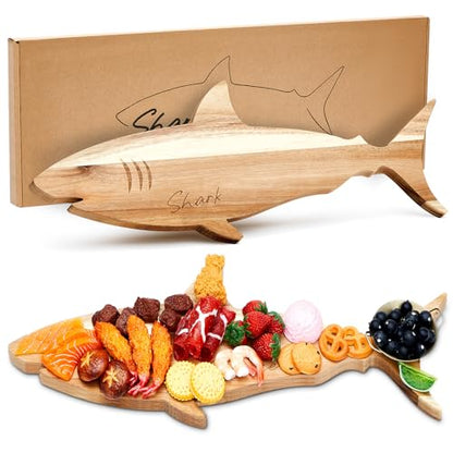 Funny Shark Charcuterie Board for Cutting Serving Cheese Meat Housewarming Gift Acacia Wood Decorative Charcuterie Board for Kitchen Birthday Xmas Wedding Parties, 24 x 9.1 x 0.6"(Classic) - style: Classic