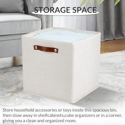 Garvee 6 Pack 13×13 Inch Foldable Fabric Storage Cube Bins, Linen Closet Organizer Boxes with Sturdy Leather Handles, Collapsible Storage Basket for Shelves, Cabinet, Home Organization, Beige