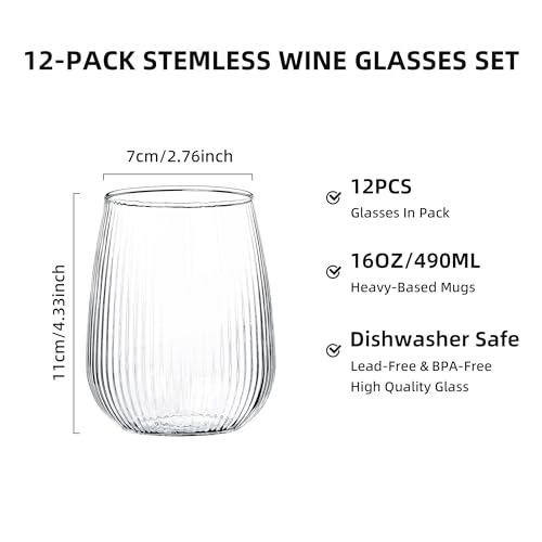 UMEIED Stemless Wine Glasses Set of 12, 17 oz Red White Wine Glasses | Clear Glassware Set for Red/White Wine Dishwasher Safe, Ideal for Daily Use Home Bar Birthdays Housewarming (Strip Texture) - color: Strip Texture