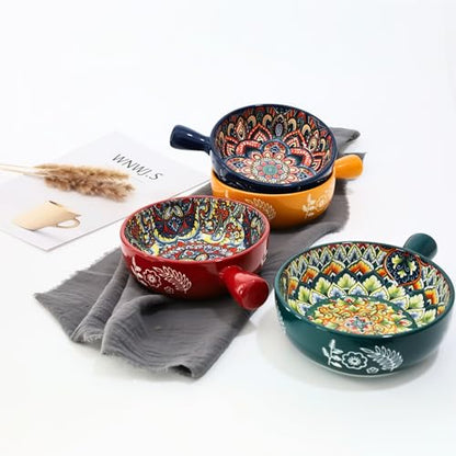 Bohemian Soup Bowls with Handles, 22 Oz French Onion Soup Crocks | Ceramic Soup Bowls for Cereal, Pasta, Chili, Chowder & Stew, Microwave, Dishwasher & Oven Safe, Bowls Set of 4