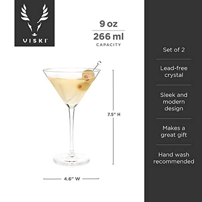 Viski Stemmed Martini Glasses, Home and Bar Drinkware, Premium Crystal Martini Accessories, Cocktail Glasses, Set of 2, 9oz, Clear - style: Stemmed Martini Glasses
