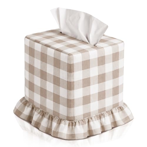 Brown Gingham Tissue Box with Ruffled Cover Cottagecore Handmade Decorative Gingham Napkin Holder for Home Bedroom Living Room Bathroom Vanity Countertop Car Office Kitchen - color: Brown