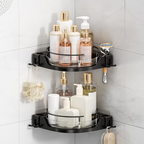 Oifecsie 360° Rotating Corner Shower Caddy (2-Pack) - Lazy Susan Bathroom Organizer with Hooks, No-Drill Adhesive Mount for Shower, Kitchen, RV, Space-Saving ABS Plastic Shower Shelf - color: Black