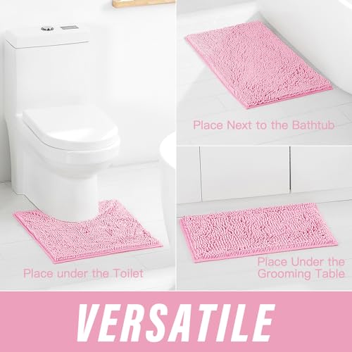 Pink Bathroom Rugs Sets 3 Piece Washable, Luxury ，Chenille Bath Mat Set, Soft Plush Anti-Slip Rectangular Bath， Rug Super Absorbent.3 Pieces Bathroom (Pink, 32"x20"+24"x16"+U Shape 20"x20") - color: Pink, size: 32"x20"+24"x16"+U Shape 20"x20"