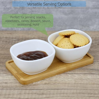 EIKS Ceramic Dip Bowls Side Dishes with Wooden Tray | For Serving Appetizer, Nuts Candy Snack, Sauce Seasoning