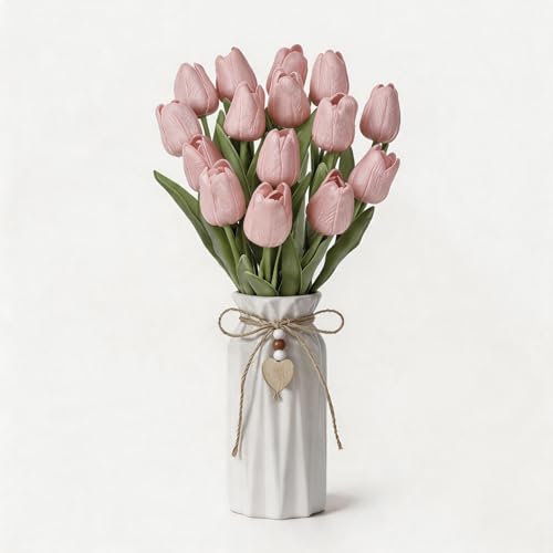 Artificial Tulip Flower Arrangement in Ceramic Vase with Rustic Heart Charm, 15 PCS PU Real Touch Faux Floral Table Centerpiece for Home, Dining Table, Wedding Décor, Baby Pink - color: Baby Pink