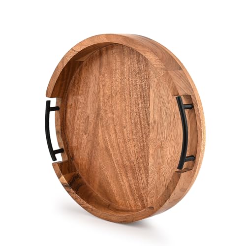 Tray Acacia Wood Round Serving Tray with Iron Handles for Coffee Table Decor Centerpiece Kitchen Counter (12" X 12" X 1.6")