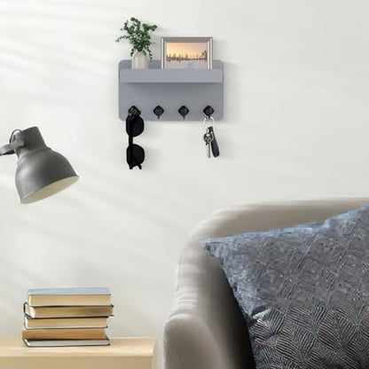 Nekon Key Holder Wall Mount, 8.5 Inch Small Wooden Wall Organizer, Gray | Rustic Wall Shelf, Farmhouse Key and Mail Holder for Living Room Entryway Kitchen - color: Gray