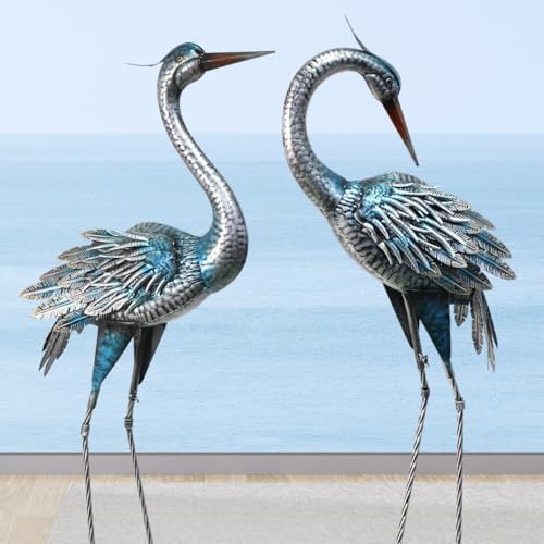 37-40Inch Outdoor Crane Garden Statues, Blue Heron Garden Statues | Large Metal Cranes for Yard, Lawn, Patio, Pond, Set of 2 - color: Blue