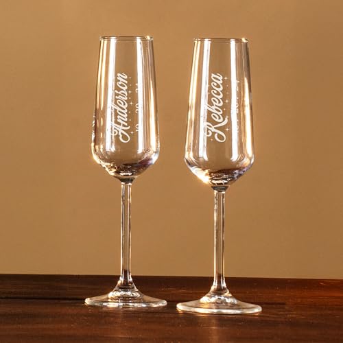 Personalized Champagne Flutes with Name – Script Engraved Champagne Glasses, Custom Name & Date, Wedding Anniversary Birthday Toast Glass (Champagne Flutes-D8) - color: Champagne Flutes-D8