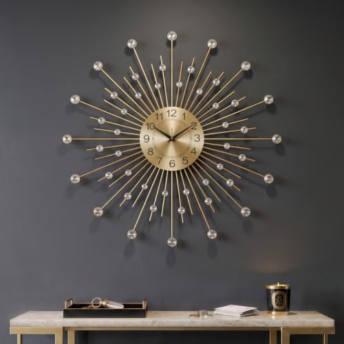 Cuspin Large Gold Wall Clock 30 Inch, Crystal Sunburst Mid Century Modern Clocks for Living Room Decor, Luxury Decorative Battery Operated Metal Clock Silent Non Ticking for Home Ddecor - color: Crystal Sunburst, size: Large