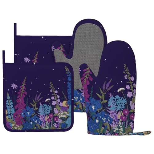 Wildflowers Florals Oven Mitts Pot Holders Set Silicone Heat Resistant Wildflowers Oven Mitts and Hot Pads Florals Potholders Non-Slip Oven Gloves for Cooking Baking Grilling BBQ - color: Purple