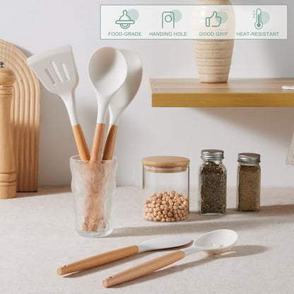 E-far Silicone Cooking Utensils Set, 446℉ Heat Resistant 10PCS Kitchen Utensils Set with Wooden Handle for Nonstick Cookware, Kitchen Tools Spatula Whisk Tongs Ladle, Non-toxic & Healthy, White - color: White, size: 10