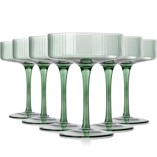 Green 9 oz Vintage Coupe Glasses Set of 6 martini Glasses |Vintage Cocktail Glasses Set,Unique Colored Coupe Glass, Classic Cocktail Glassware - color: Green