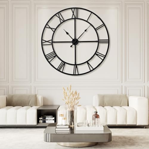 60in Large Silent Wall Clock, Easy Assembly Roman Numeral Black | Non-ticking metal farmhouse wall clock, easy assembly, oversized living room decorative decor - color: Black Metal Wall Clock, size: 60inch