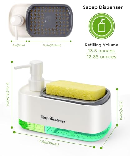 5-in-1 Kitchen Soap Dispenser Set with Sponge Holder - Dual Hand & Dish Soap Pump Dispenser for Sink Countertop with 2-Packs Natural Loofah Dish Sponge Dishwashing Scrubber,White - color: White(n5-in-1)