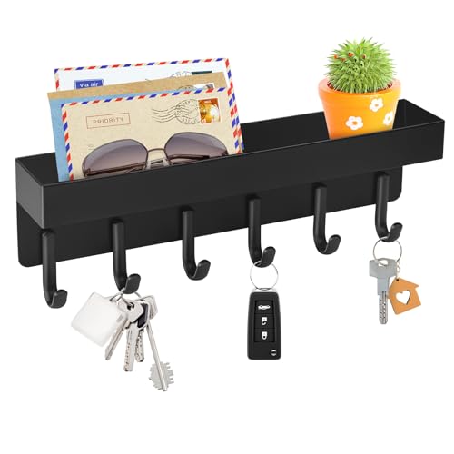 VIS'V Key Holder Wall Mount, Adhesive Key Rack with Tray, 6 Hooks, Black | 2 Mount Options, Compact Discreet Design, Suitable for Entryway, Hallway, Doorway, Kitchen, Garage, Camper - color: Black