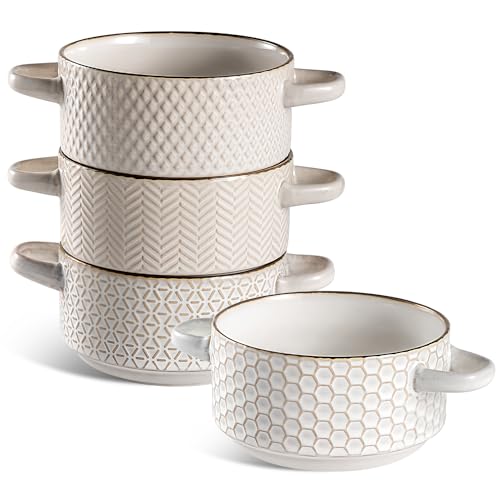Ceramic Soup Bowls Set - 27 Oz French Onion Soup Crocks with Handles | Embossed Stoneware Bowls for Soup Cereal Beef Stew Chili - Microwave Dishwasher Oven Safe - Set of 4 - color: White