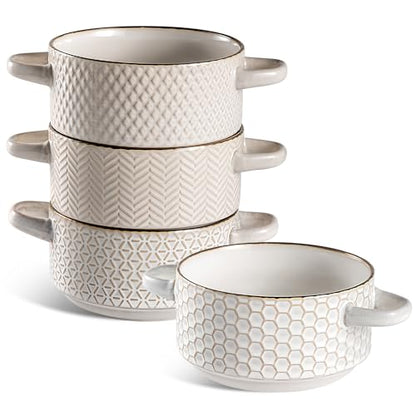 Ceramic Soup Bowls Set - 27 Oz French Onion Soup Crocks with Handles | Embossed Stoneware Bowls for Soup Cereal Beef Stew Chili - Microwave Dishwasher Oven Safe - Set of 4 - color: White
