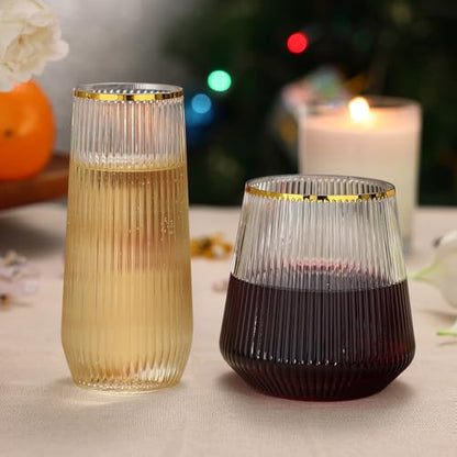 48 Pack Ribbed Plastic Wine Glasses – 24 x 9oz Stemless Champagne Flutes & 24 x 12oz Disposable Wine Glasses – Elegant Disposable Plastic Cups with Gold Rim – BPA-Free Drinkware for Weddings, Parties - color: Gold Rim Ribbed