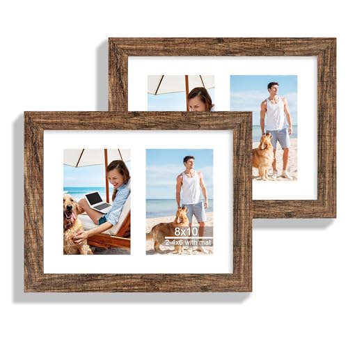Hongkee 8x10 Picture Frame Set of 2, Rustic Brown Wood Frame with Glass Collage Frame, Display Pictures Two 4x6 With Mat or 8 x 10 Without Mat - Horizontal or Vertical Wall Mounting - color: Rustic Brown, size: 8x10 in matted to 2-4x6