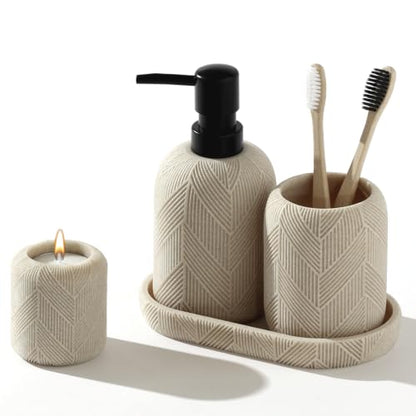 4 PCS Bathroom Accessory Set, Leaf Veins Texture, Beige | Modern, Luxurious, Minimalist, With 10.15 OZ Soap Dispenser, Tumbler, Vanity Tray, Candle Holder for Countertop Kitchen Sink